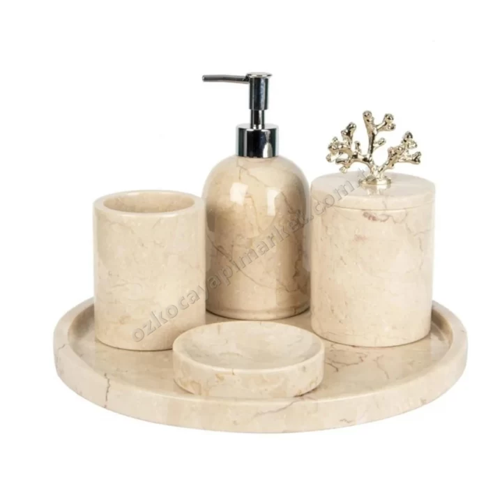 Rolin Bej Mermer Banyo Seti 5Li - Gümüş Mercan