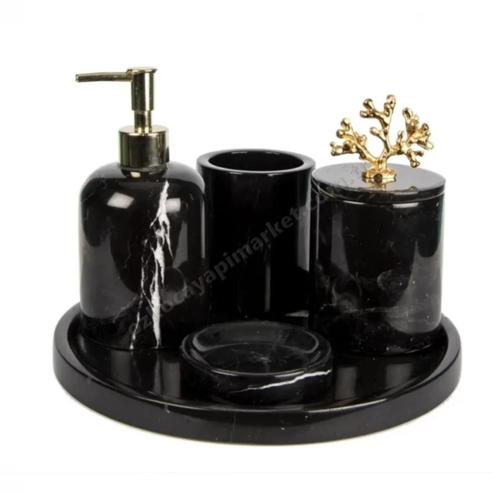 Rolin Siyah Mermer Banyo Seti 5Li - Gold Mercan